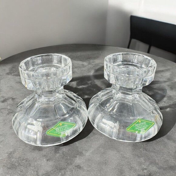 Shannon Crystal Clear Glass Candle Stick Holder Set 2 With Original Stickers VTG - Picture 1 of 11